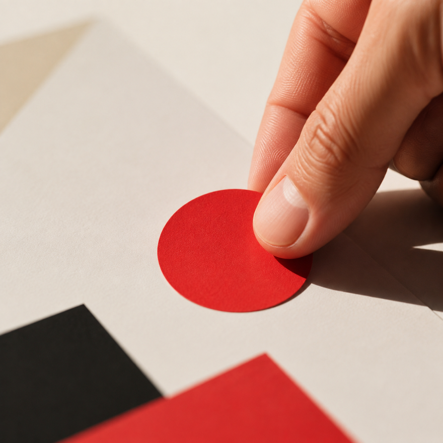 Main apposant un pastille ronde rouge sur une page imprimée floue