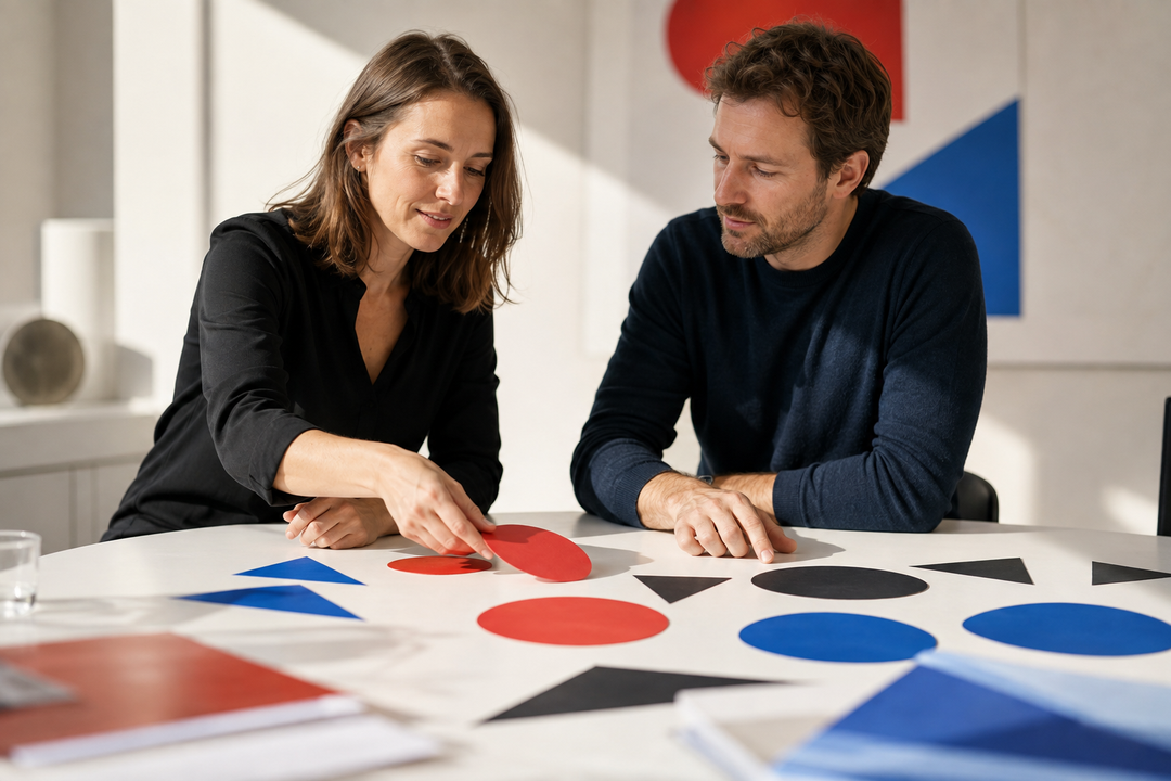 Deux consultants disposant des cartes géométriques sur une table blanche